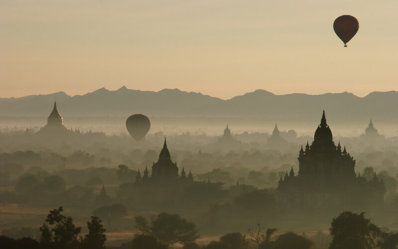 Hot Air Balloons over Temples — Brown, Serene