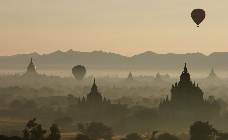 Hot Air Balloons over Temples — Brown