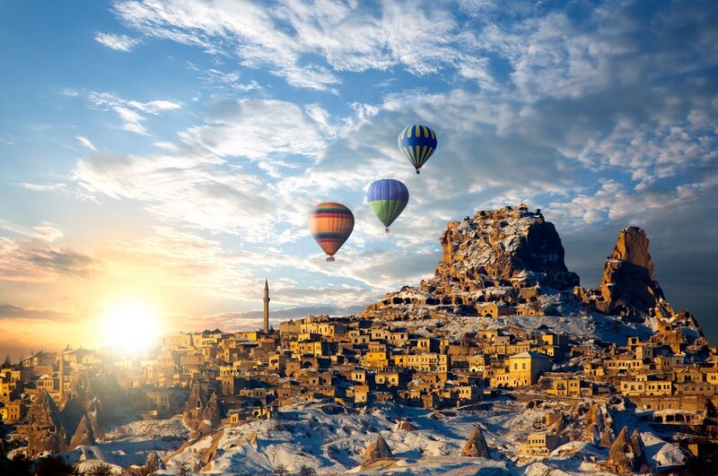 Hot Air Balloons over Town — Blue, Dramatic