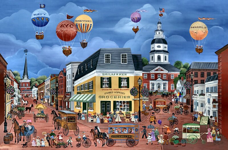 Hot Air Balloons over Town — Blue