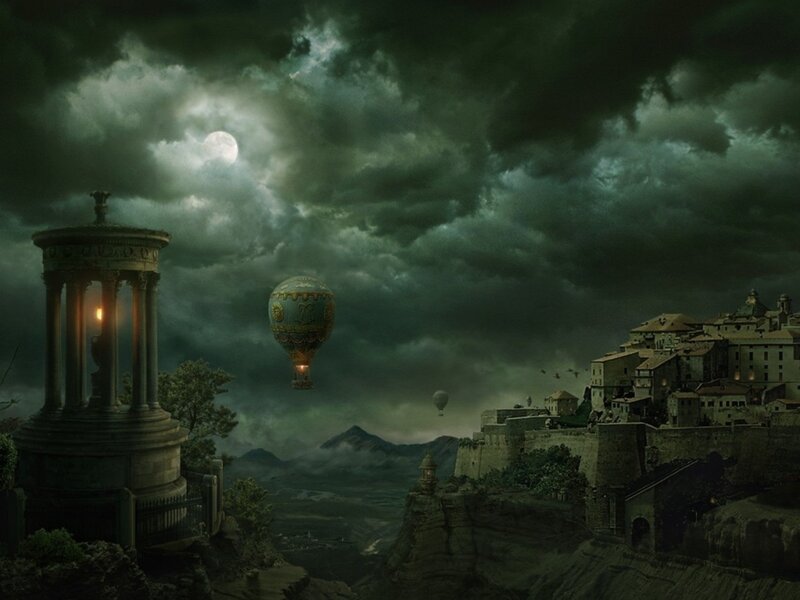 Hot Air Balloons over Town — Green