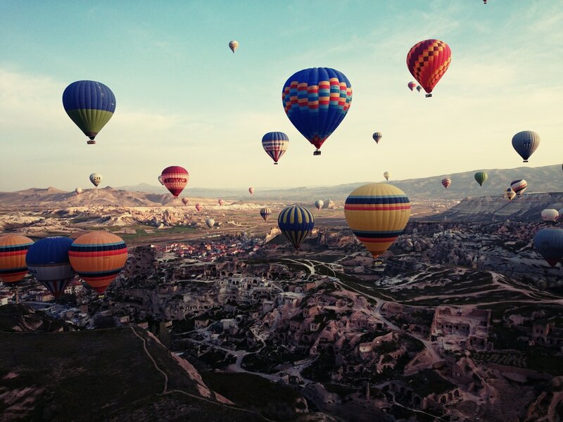 Hot Air Balloons over Valley — Blue