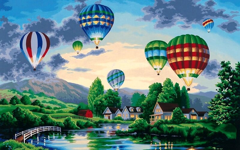 Hot Air Balloons over Village — Blue, Serene
