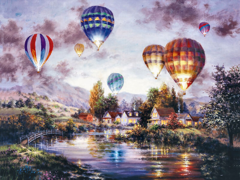 Hot Air Balloons over Village — Blue