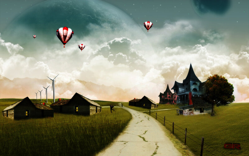 Hot Air Balloons over Village — Green