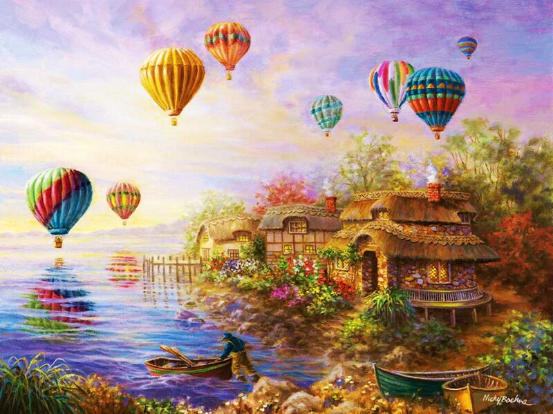Hot Air Balloons over Village — Purple