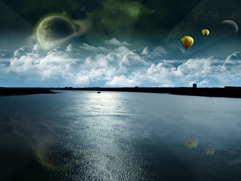 Hot Air Balloons over Water — Blue