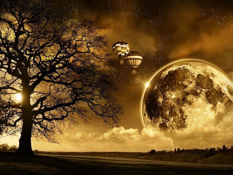 Hot air balloons under a giant moon