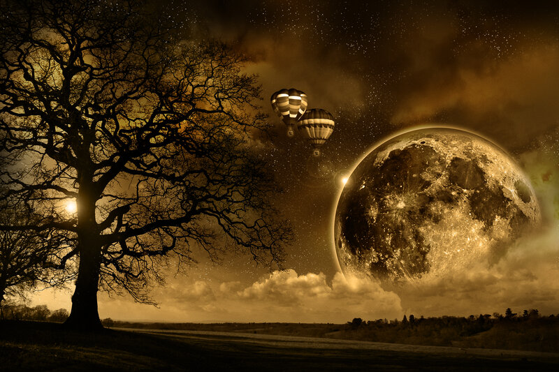 Hot air balloons under giant moon