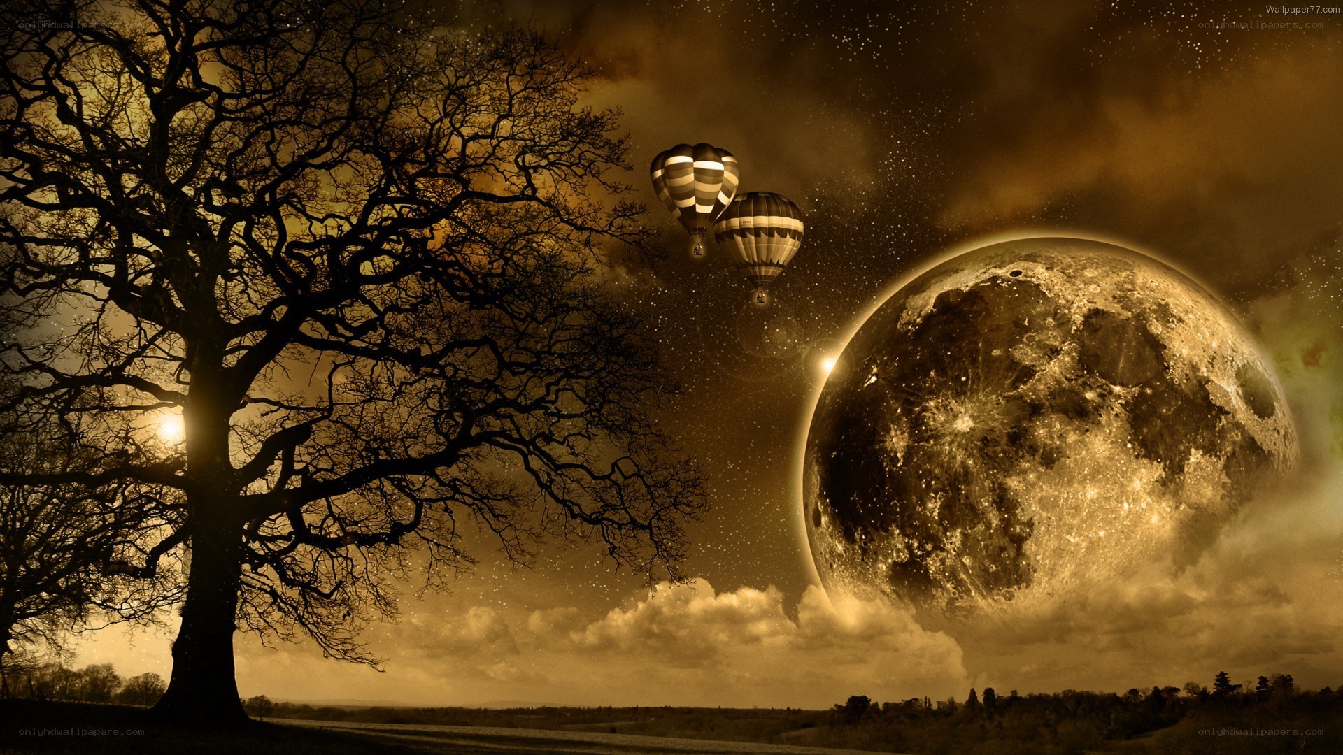 Hot air balloons under giant moon