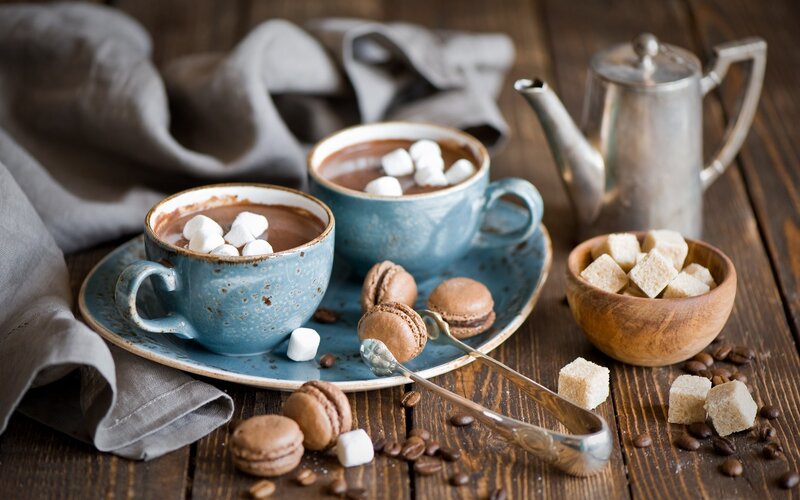 Hot Chocolate with Marshmallows — Brown, Cozy, Photograph, Macarons