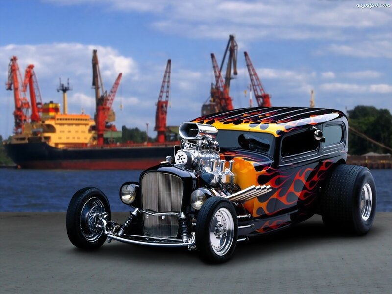Hot Rod Car with Flames — Black, Dramatic