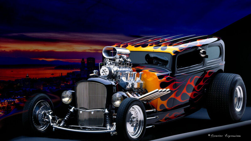 Hot Rod Car with Flames — Black
