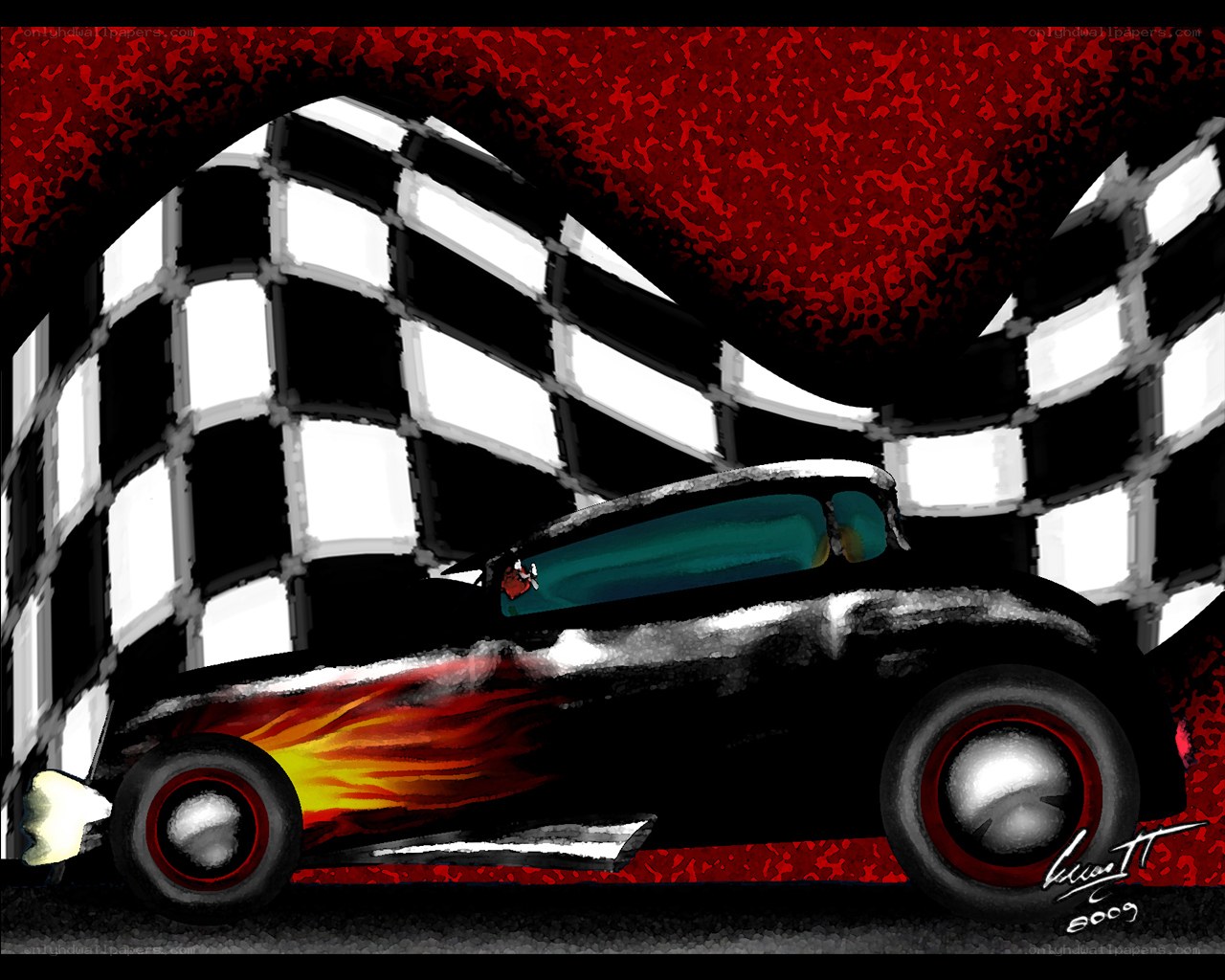 Hot rod with flames and checkered flag
