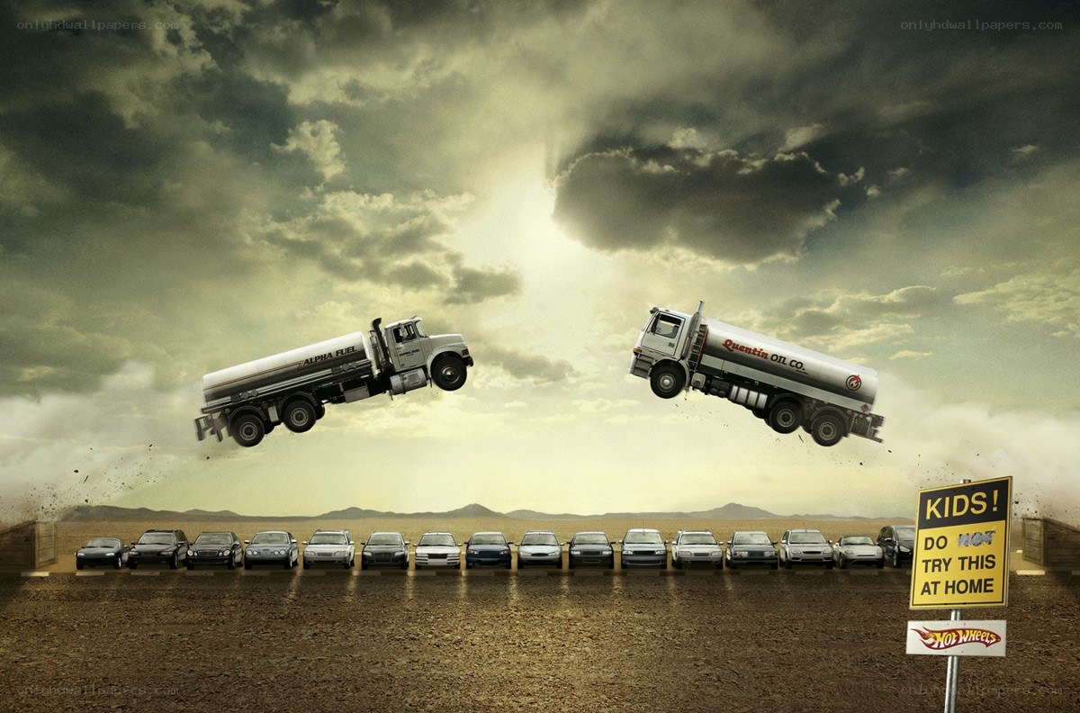 Hot Wheels ad with flying trucks