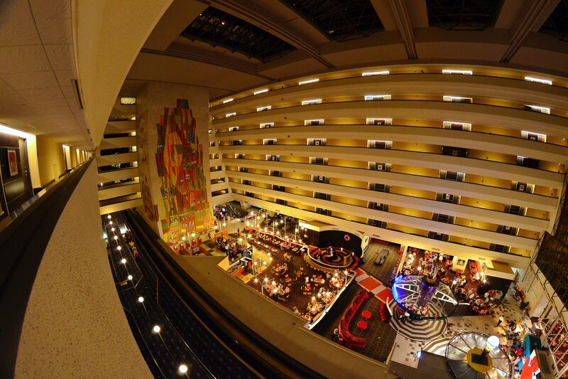 hotel atrium with dining area