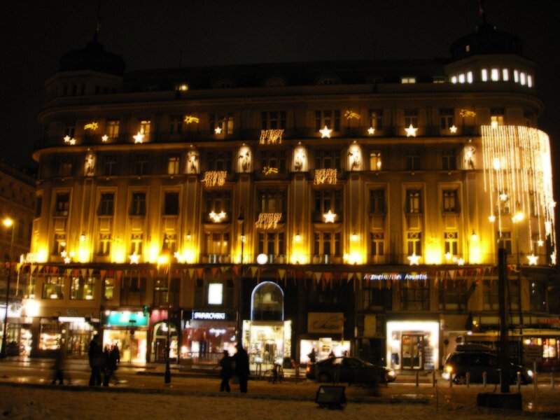 Hotel building at night with lights