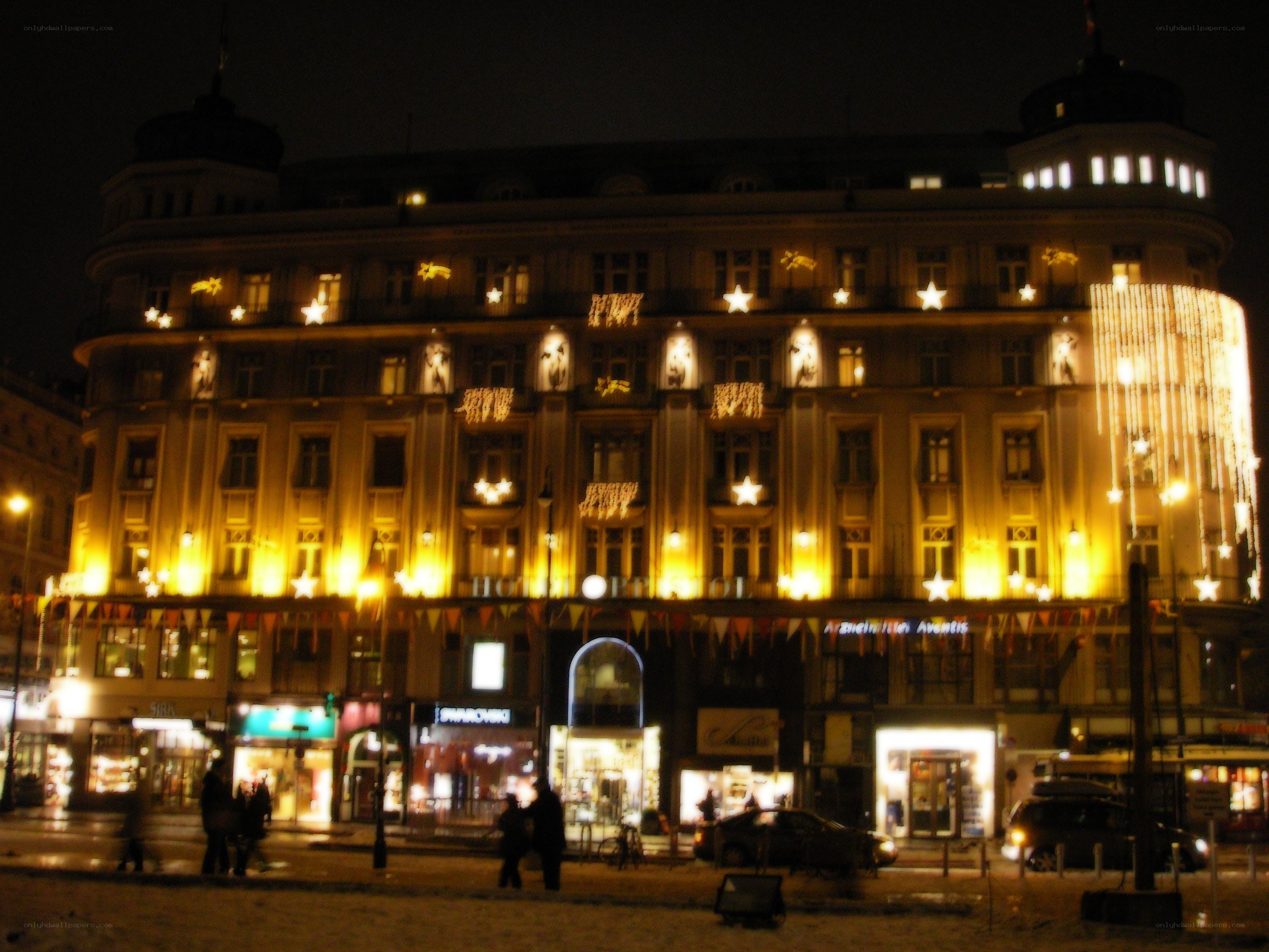 Hotel building at night with lights