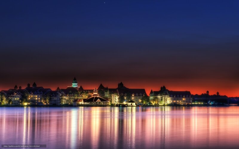 Hotel by Lake at Dusk — Blue