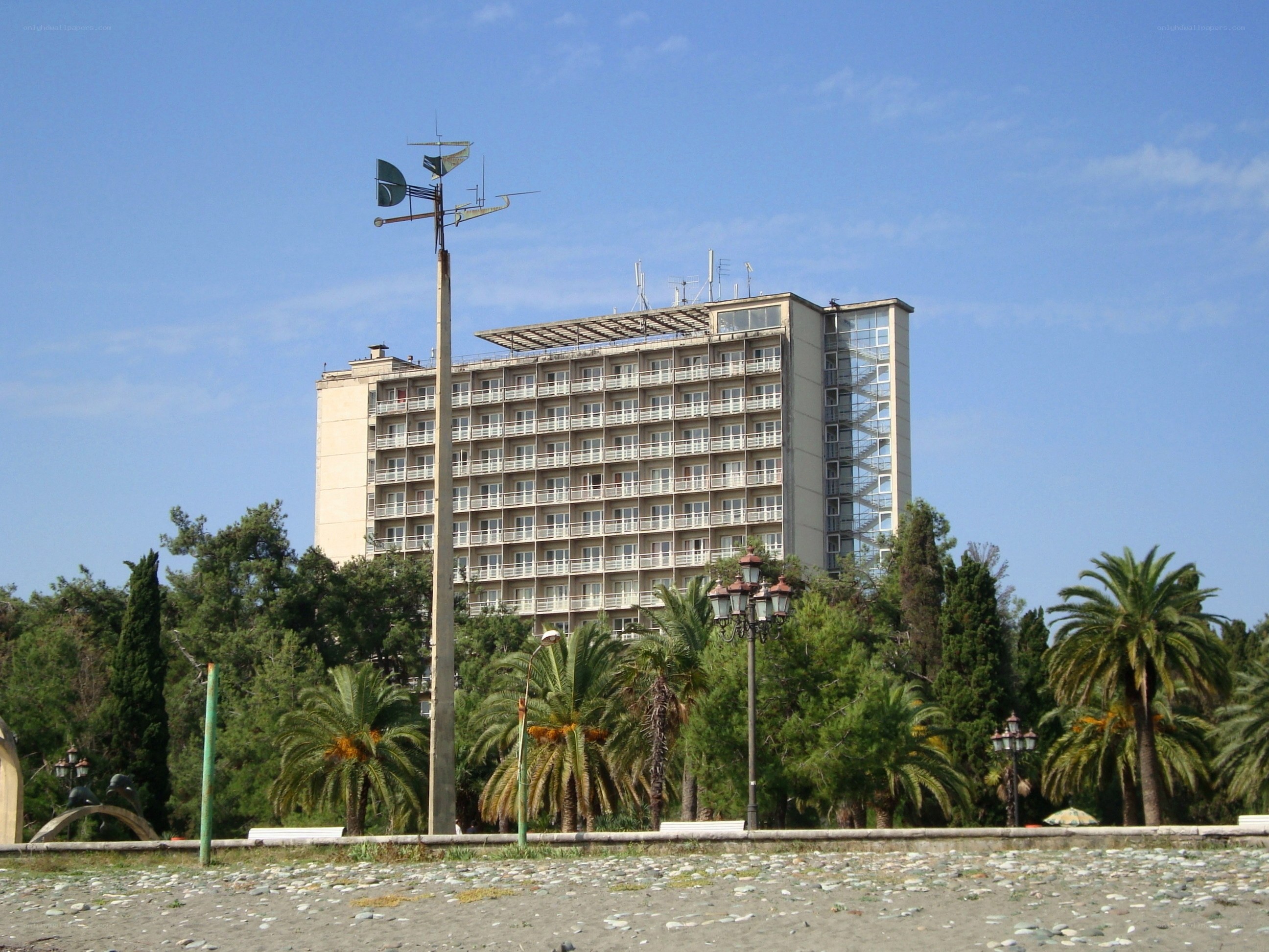 Hotel by the beach with palm trees