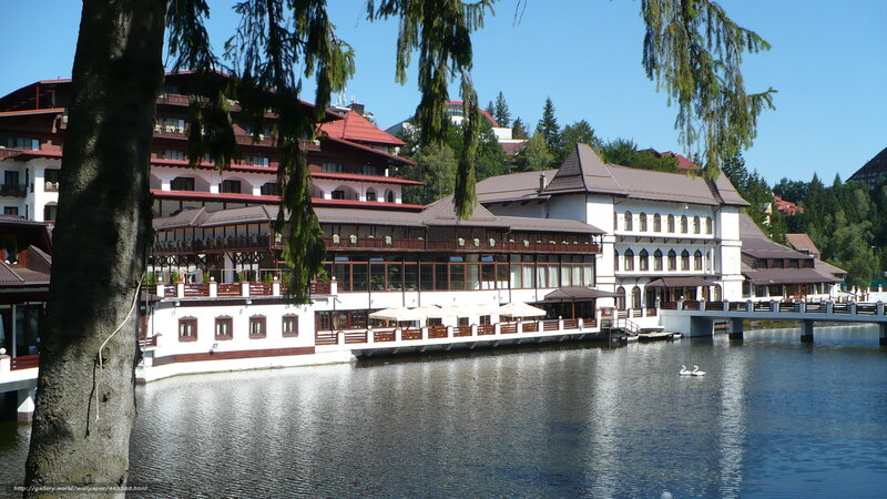 Hotel by the lake with swans