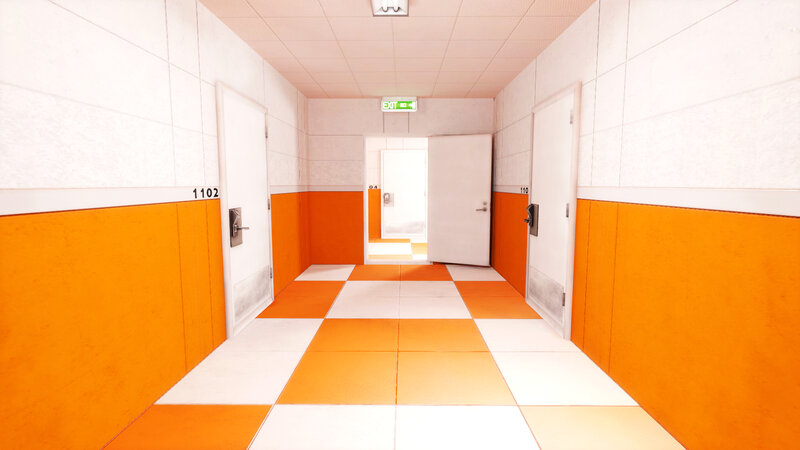 hotel hallway with orange and white tiles