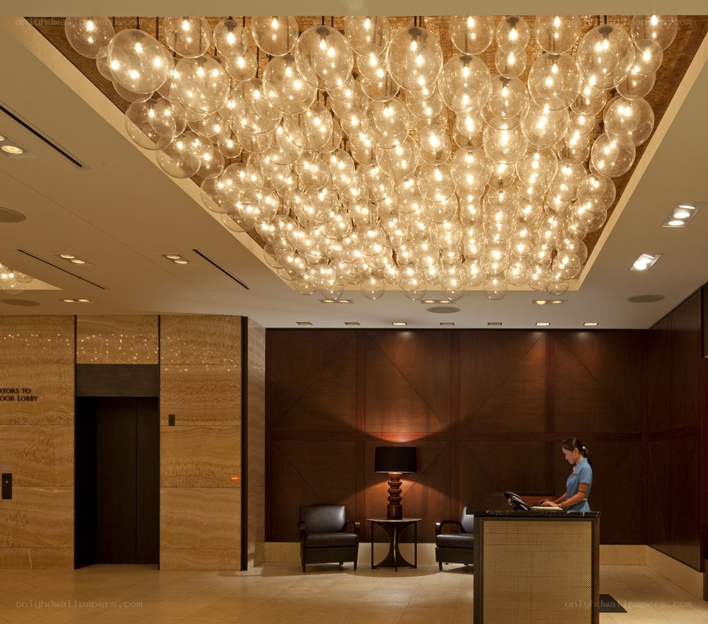 hotel lobby with chandelier