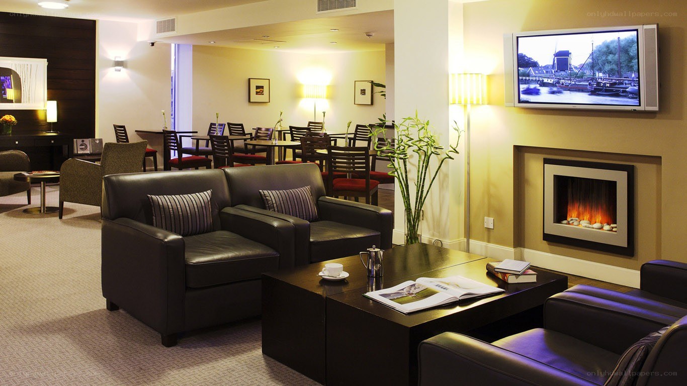 hotel lounge with fireplace