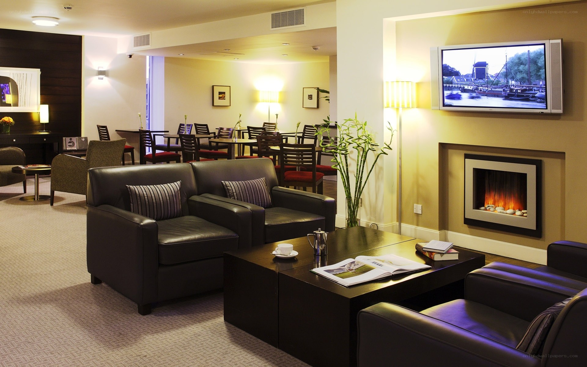 hotel lounge with fireplace
