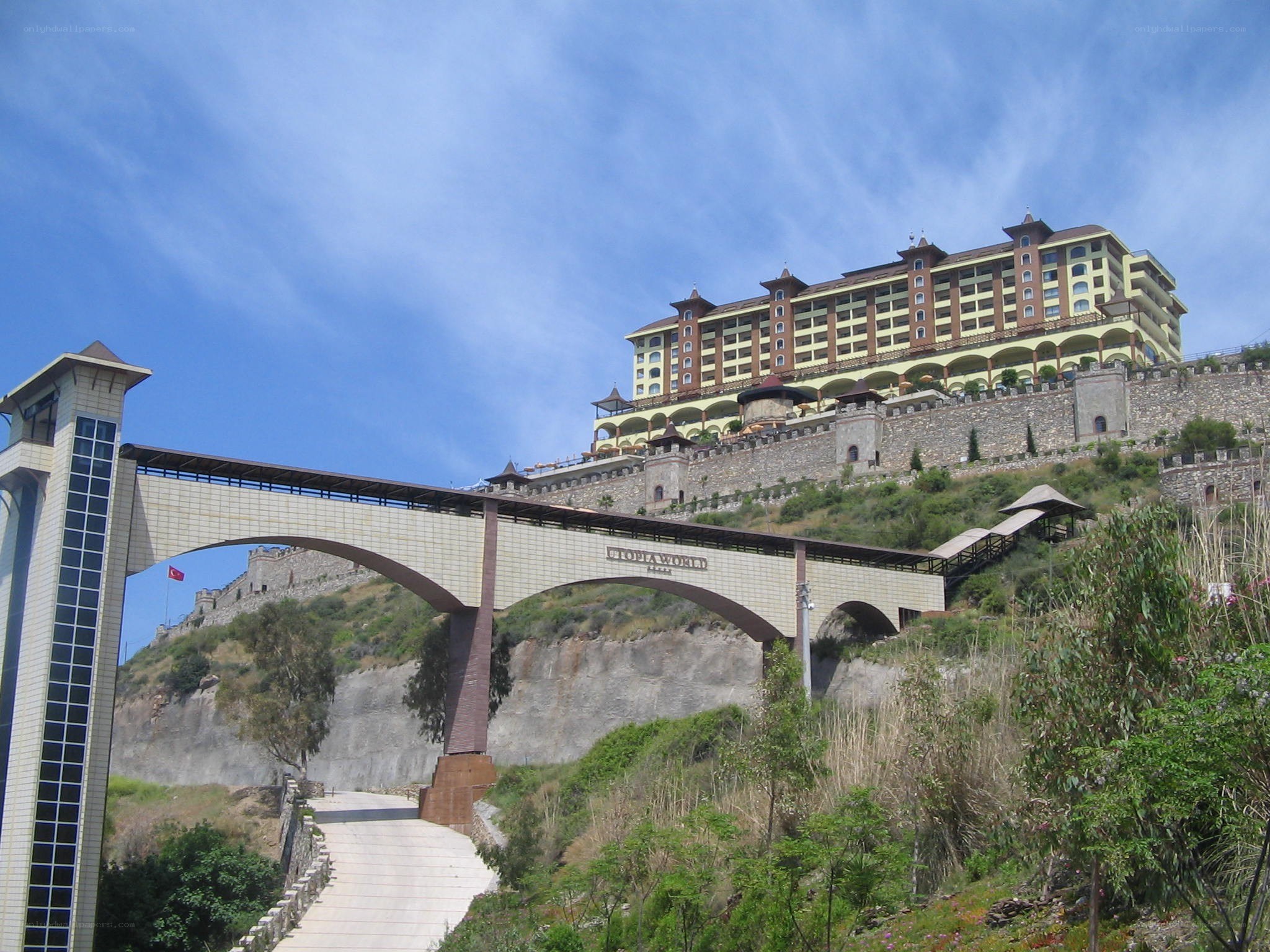 Hotel on a hill with bridge