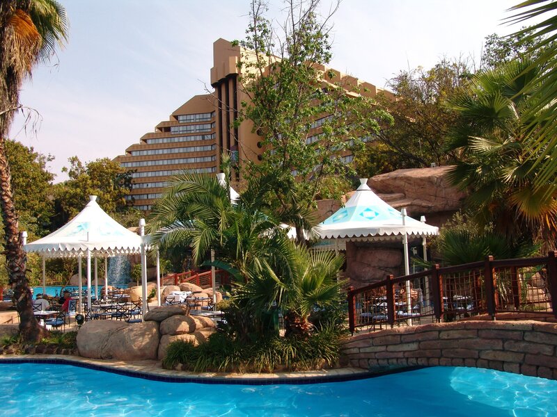 Hotel pool with palm trees