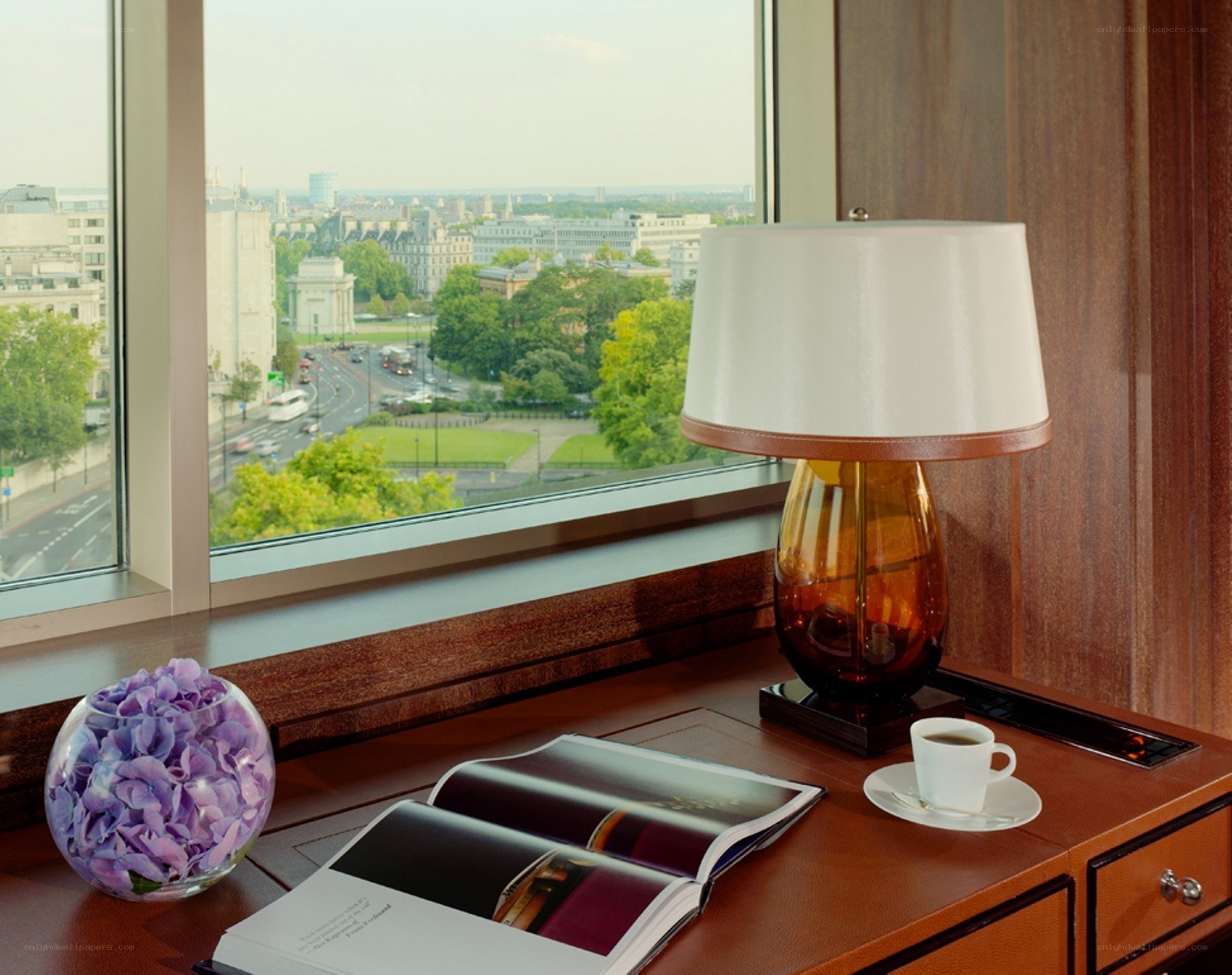 Hotel room desk with city view