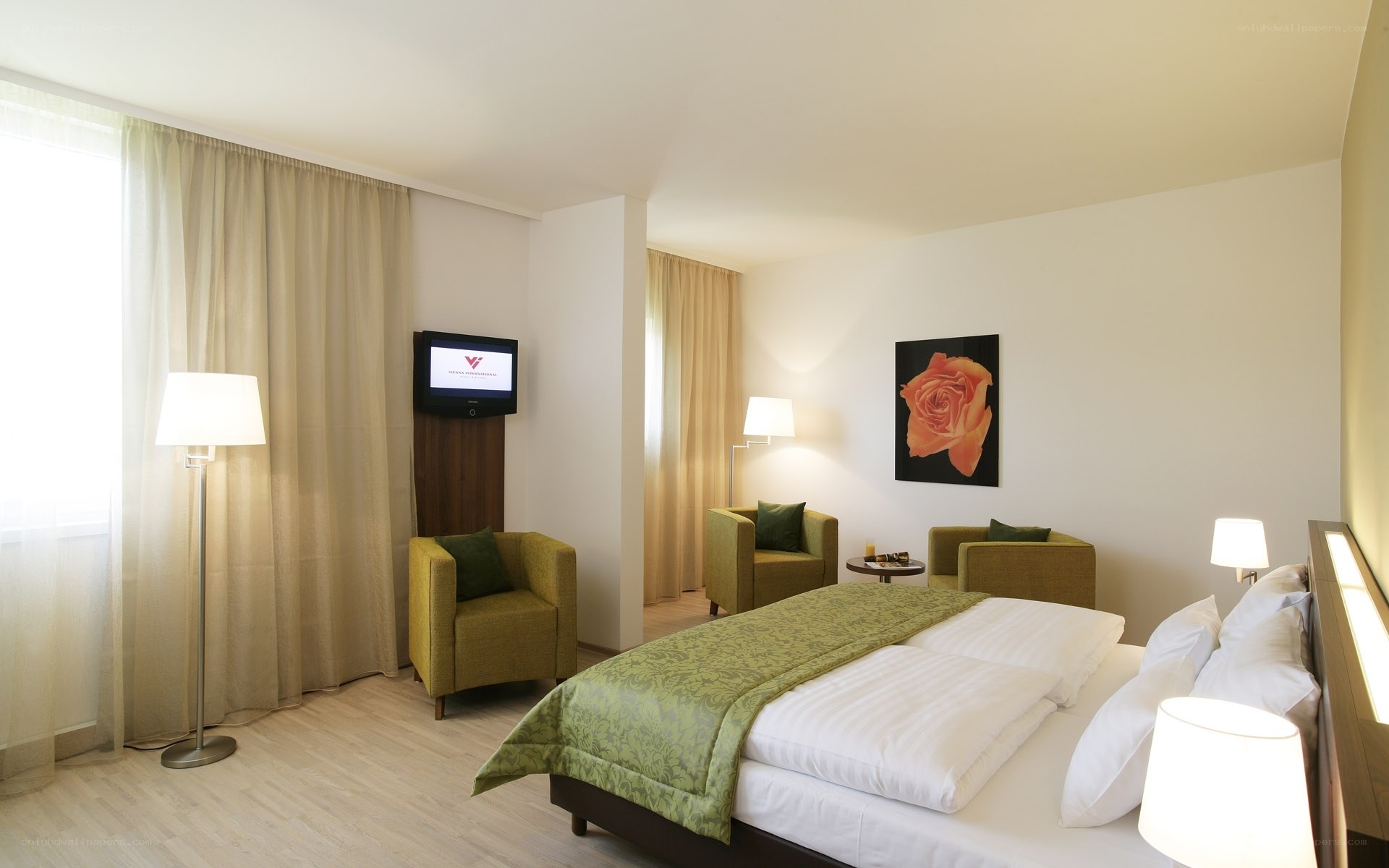 Hotel room with green accents