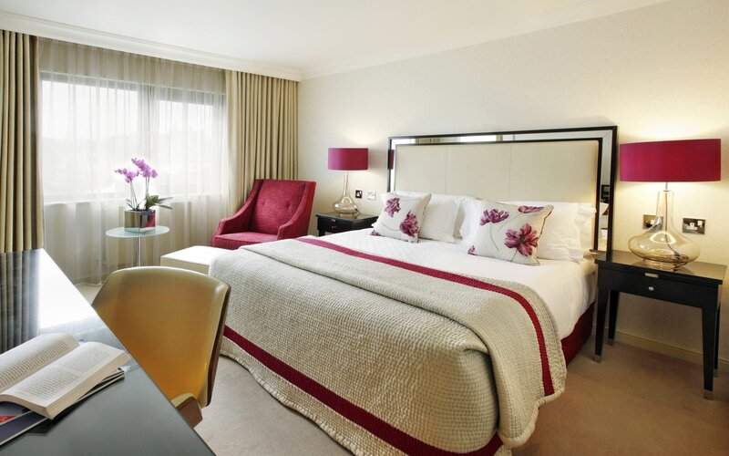 hotel room with red accents