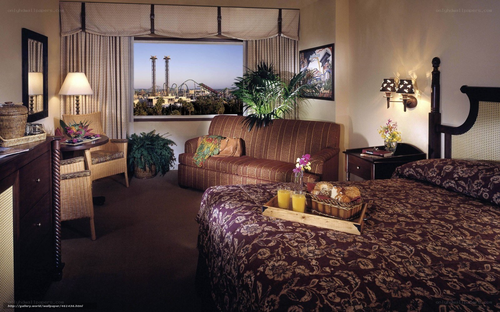 hotel room with theme park view