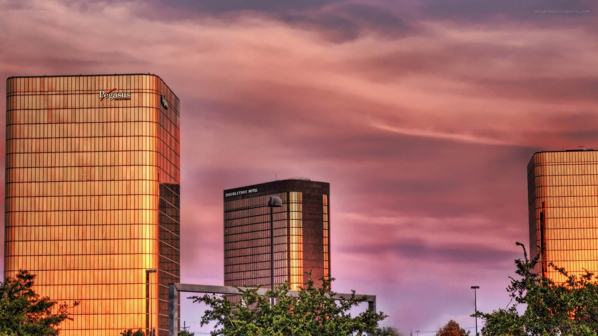 Hotel towers at sunset