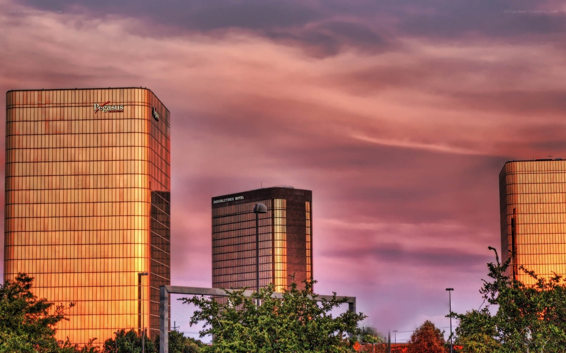 Hotel towers at sunset