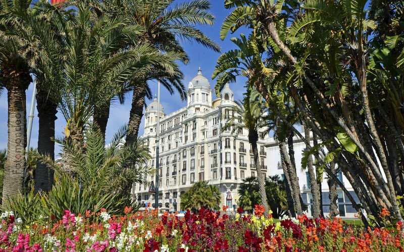 Hotel with palm trees and flowers