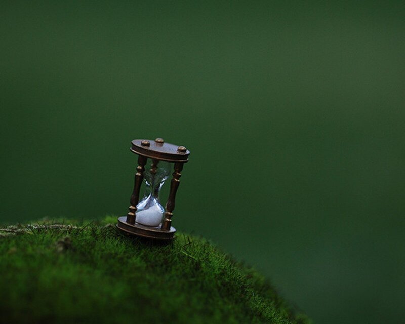 Hourglass on mossy surface