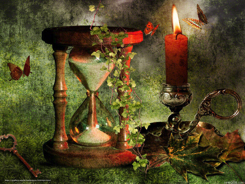 Hourglass with candle and butterflies
