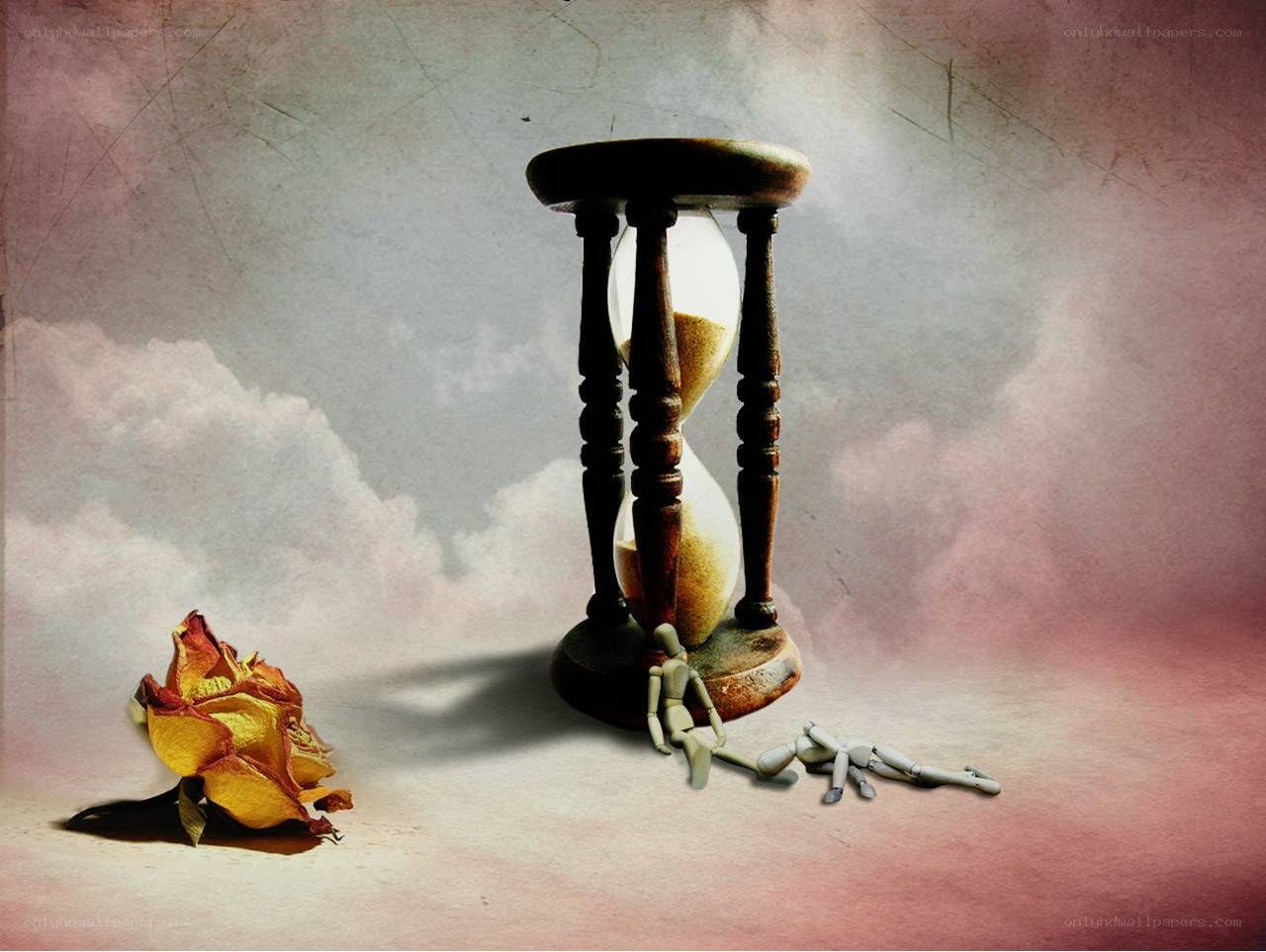 Hourglass with dried rose and figure
