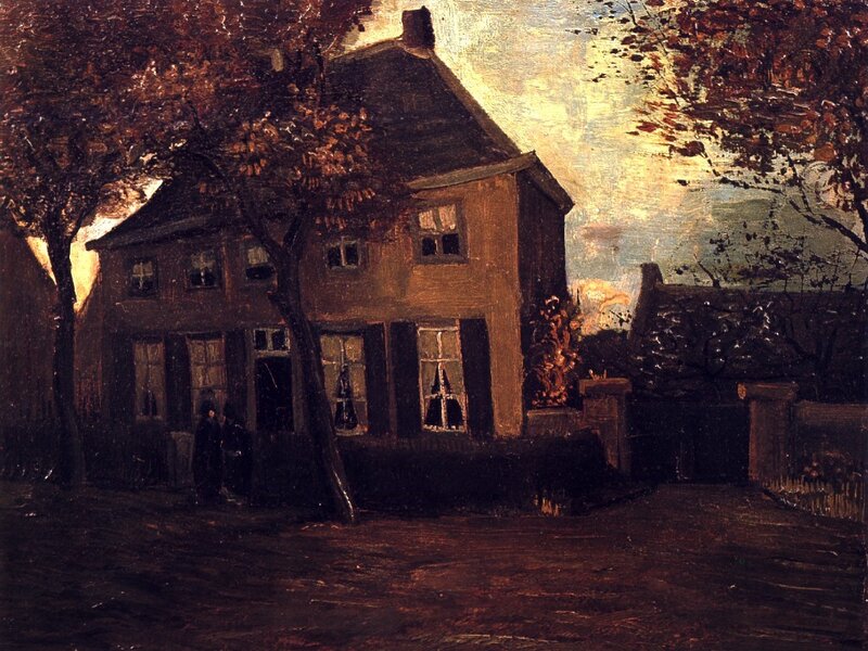 House at dusk with figures