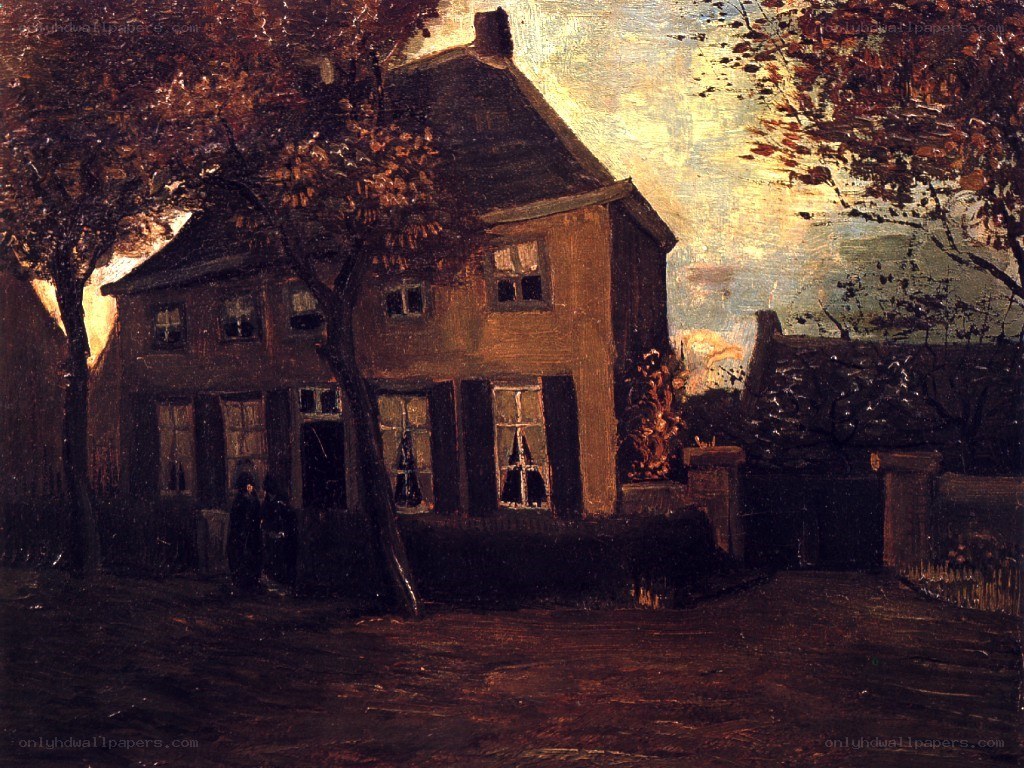 House at dusk with figures