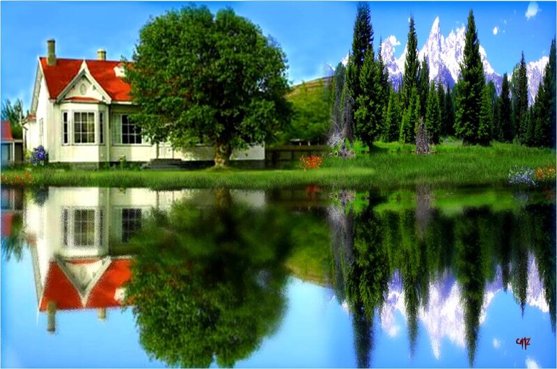 House by Lake with Mountains