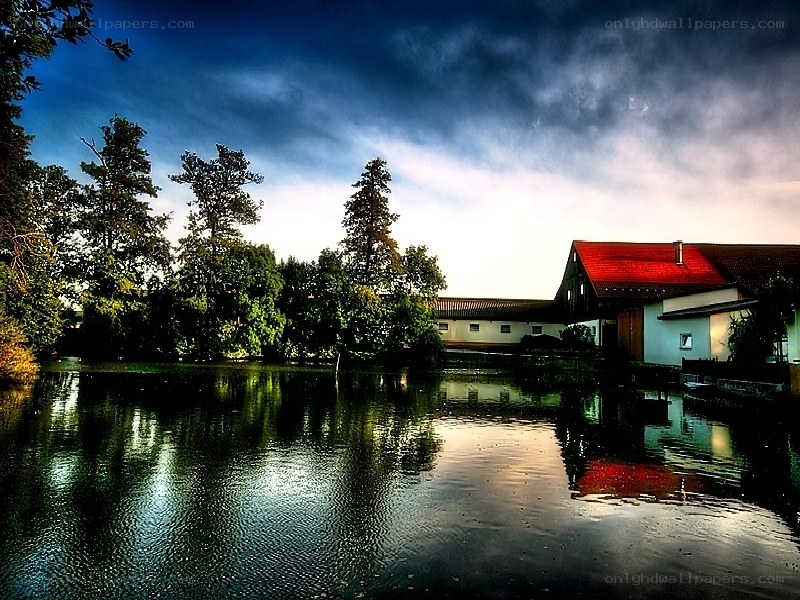 House by the lake at dusk