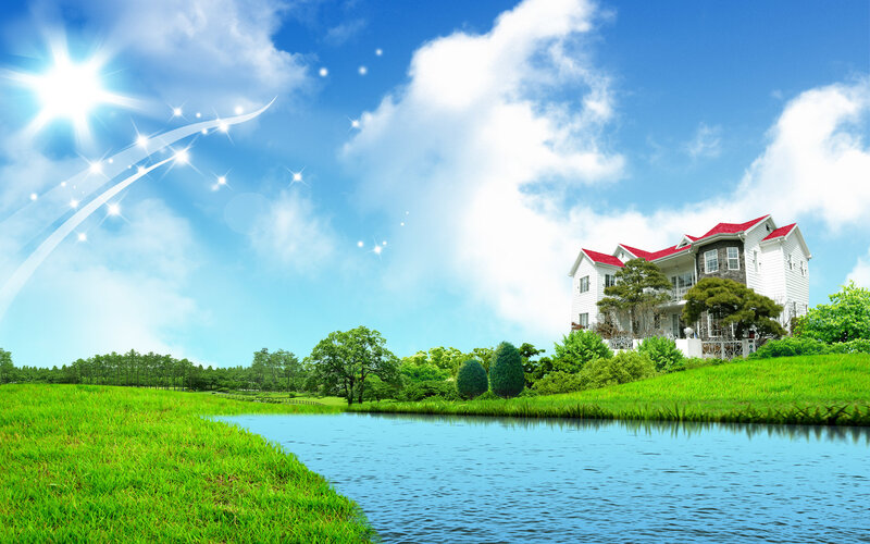 House by the lake on a sunny day