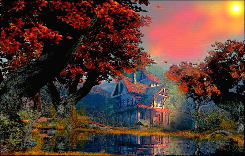 House in Autumn Forest — Red