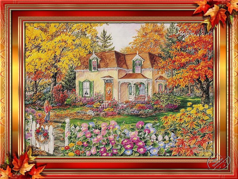 House in Autumn Garden — Red