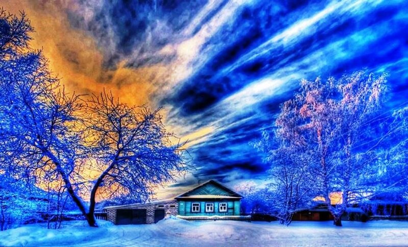 House in Snowy Landscape — Blue