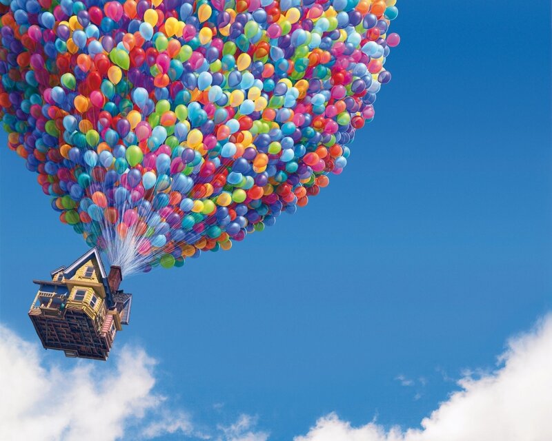 House lifted by balloons
